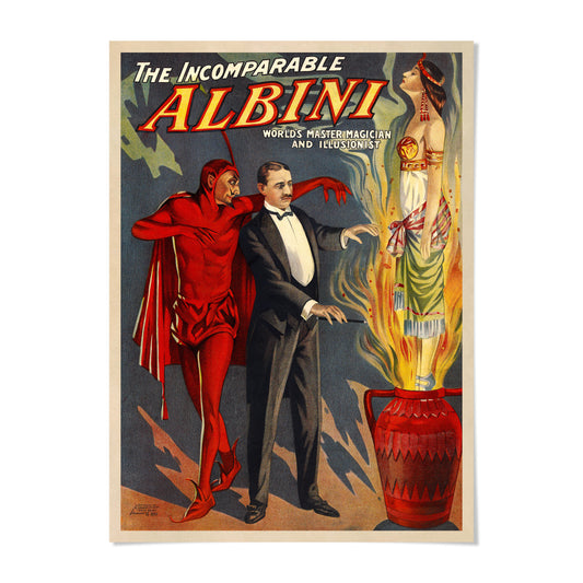 The image is a vintage poster featuring a man in a suit and a woman in a red dress, with a red vase and flames in the background.