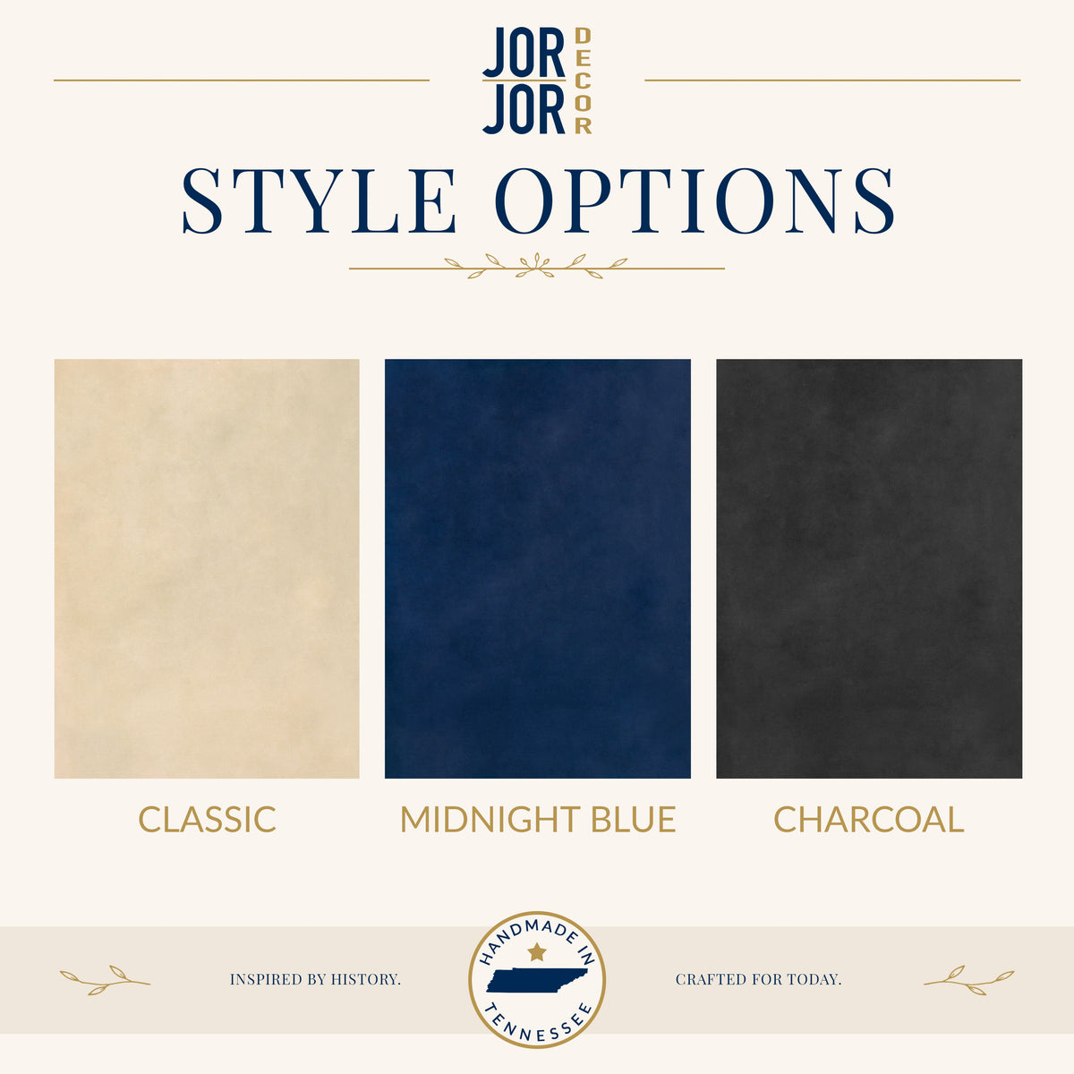 three different fabric swatches, each with a distinct color: beige, navy blue, and charcoal. The swatches are arranged in a row, and the text above them reads "STYLE OPTIONS".