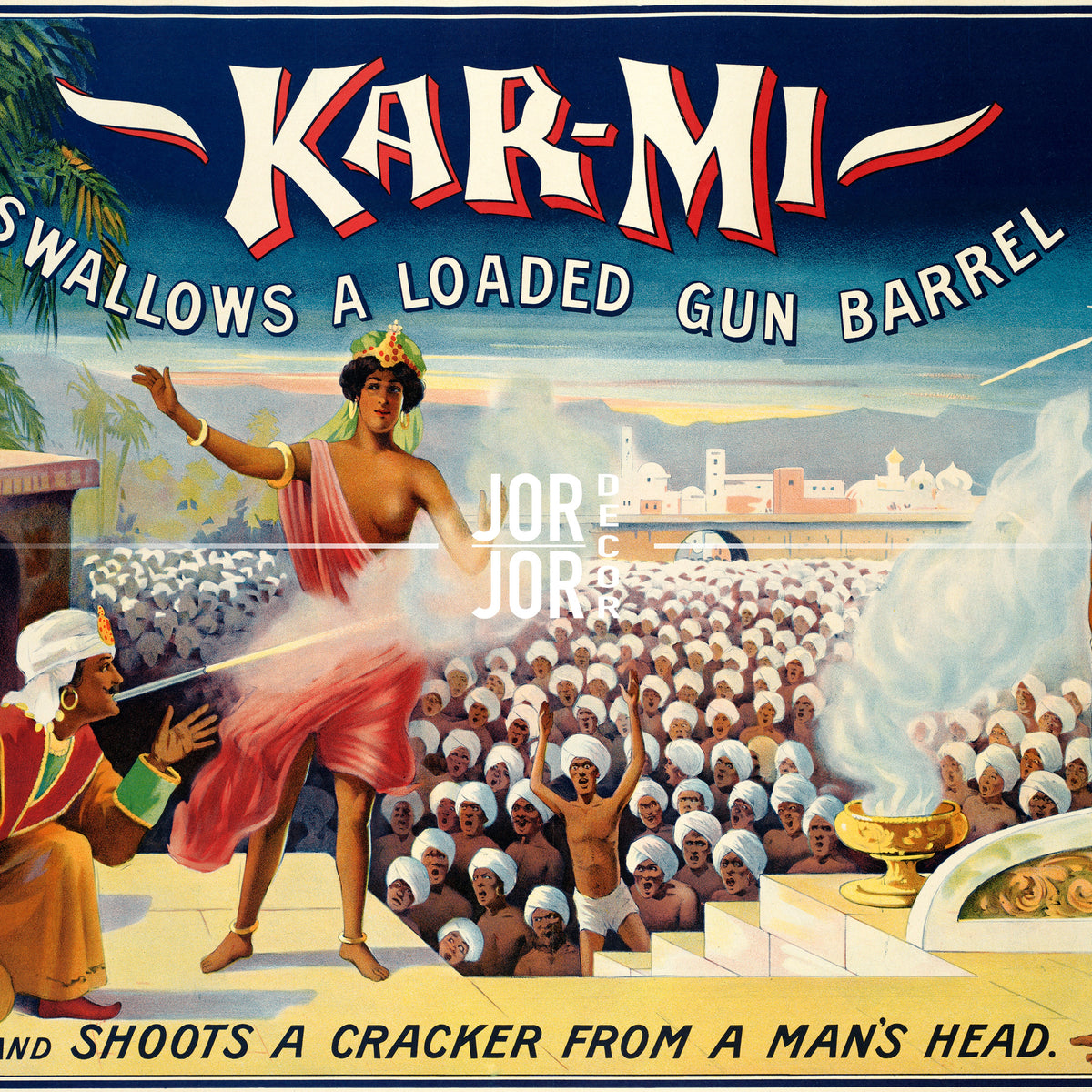 A vintage advertisement poster featuring a woman in a red dress dancing in front of a crowd of people, with a large gun barrel in the background.