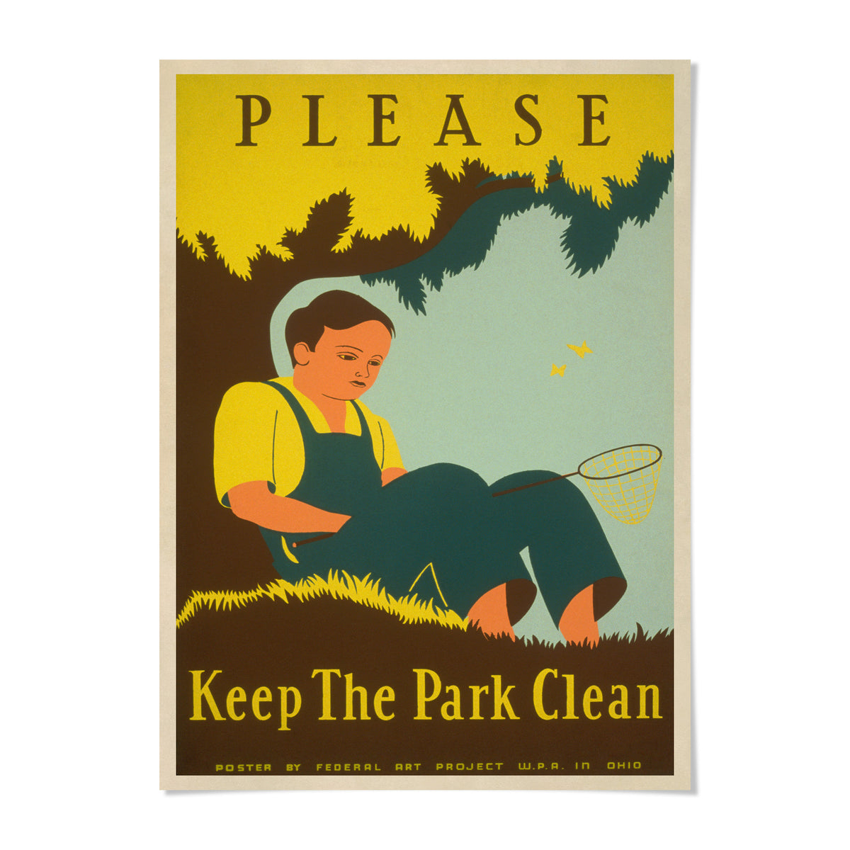 The image is a poster with a young boy sitting on the grass, holding a net. The poster has a yellow background with the word "PLEASE" written in large letters. The poster also includes the text "Keep The Park Clean" at the bottom.