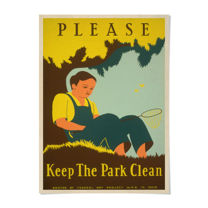 The image is a poster with a young boy sitting on the grass, holding a net. The poster has a yellow background with the word "PLEASE" written in large letters. The poster also includes the text "Keep The Park Clean" at the bottom.