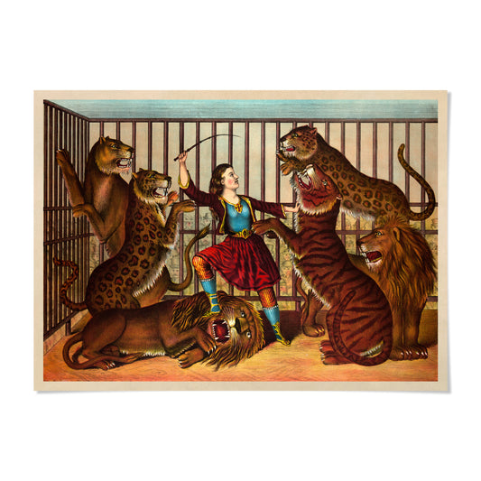 A woman in a red dress stands in the center of a circus ring, surrounded by five lions and two tigers.