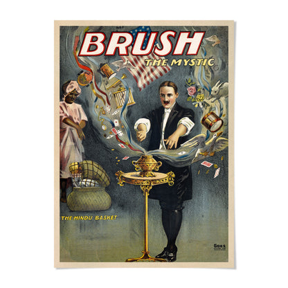The image is a vintage poster featuring a man in a suit performing a magic trick with a golden object, surrounded by various objects and a woman.