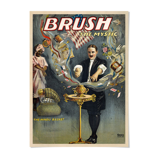 The image is a vintage poster featuring a man in a suit performing a magic trick with a golden object, surrounded by various objects and a woman.