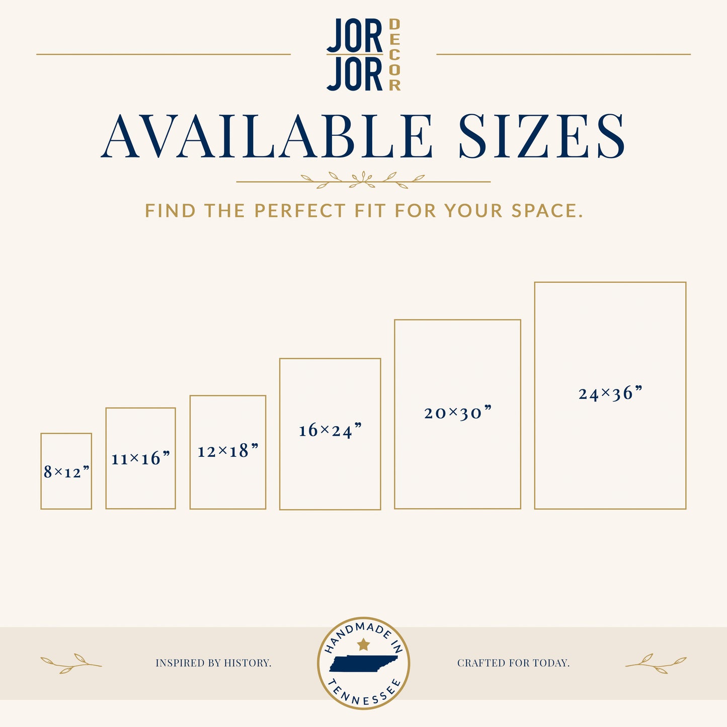 The image is a graphic design of available sizes for wall art, including dimensions ranging from 8" to 24" and 24" to 36" depending on the size of the frame.
