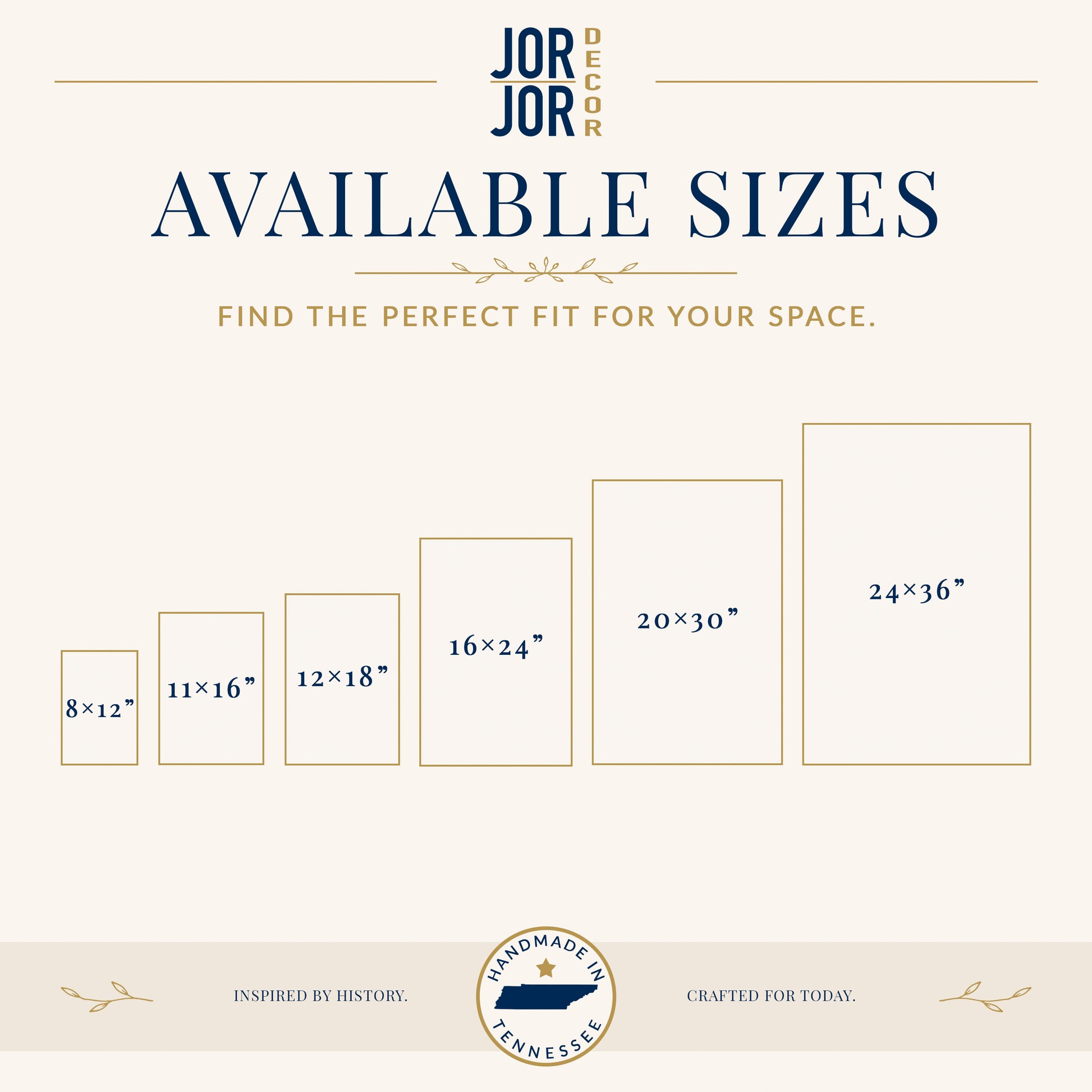The image is a graphic design of available sizes for wall art, including dimensions ranging from 8" to 24" and 24" to 36" depending on the size of the frame.