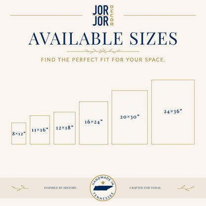 The image is a graphic design of available sizes for wall art, including dimensions ranging from 8" to 24" and 24" to 36" depending on the size of the frame.