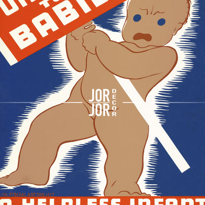 The image is a poster featuring a cartoon-style illustration of a baby. The baby is depicted in a playful and exaggerated manner, with a large sign or symbol on its back. The background of the poster is blue, and the overall design has a bold and eye-catching aesthetic.