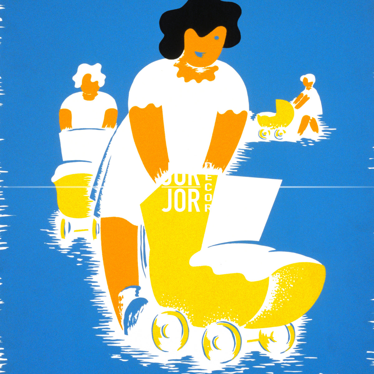 The image is a stylized illustration featuring a woman pushing a stroller, with other people in the background. The overall color scheme is predominantly blue and yellow, creating a vibrant and energetic atmosphere.