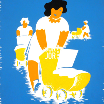 The image is a stylized illustration featuring a woman pushing a stroller, with other people in the background. The overall color scheme is predominantly blue and yellow, creating a vibrant and energetic atmosphere.