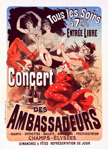 Concert Des Ambassadeurs French Musical Theater Advertisement Poster, Vintage Style Belle Epoque Jules Cheret Print