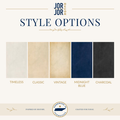 a collection of five fabric swatches in various colors, including white, beige, navy blue, black, and charcoal. The swatches are arranged in a row, and the text above them reads "STYLE OPTIONS".