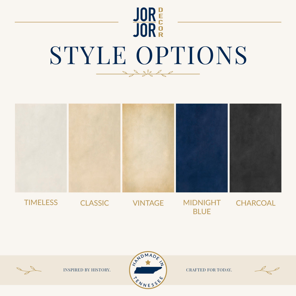 a collection of five fabric swatches in various colors, including white, beige, navy blue, black, and charcoal. The swatches are arranged in a row, and the text above them reads "STYLE OPTIONS".
