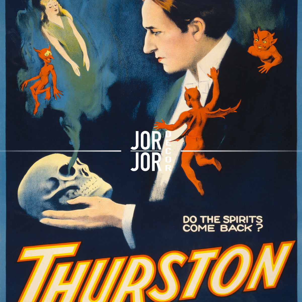 The image is a vintage movie poster featuring a man in a suit holding a skull, surrounded by various supernatural elements such as angels, devil figures, and a ghost.