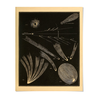 The image is a black and white illustration depicting various celestial objects, including comets, planets, and stars, arranged in a visually striking manner.