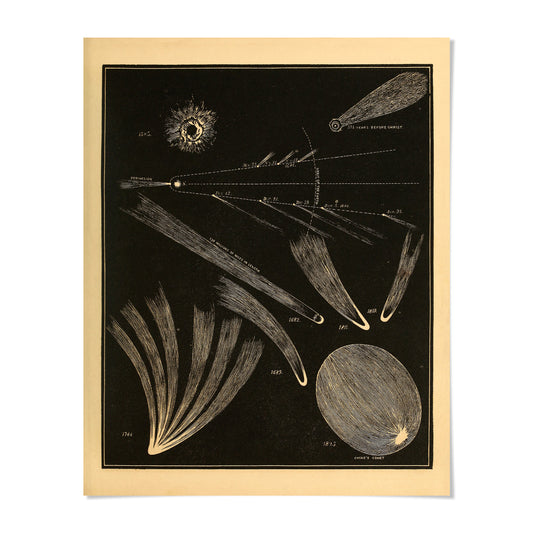 The image is a black and white illustration depicting various celestial objects, including comets, planets, and stars, arranged in a visually striking manner.