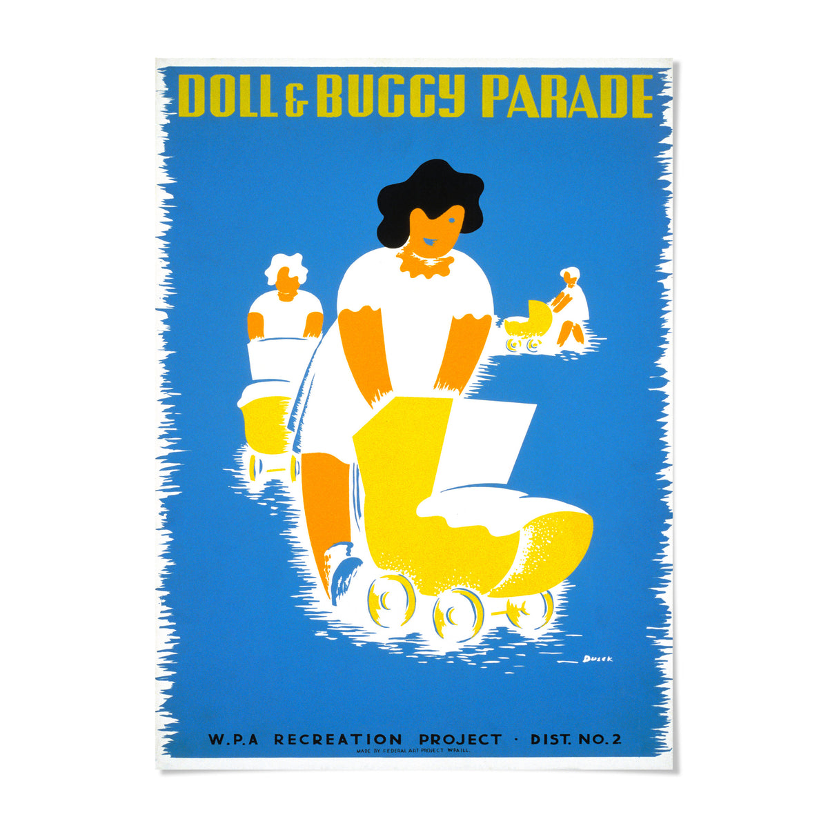 A vintage poster for the Doll & B buggy Parade, featuring a woman pushing a stroller and other people in the background.