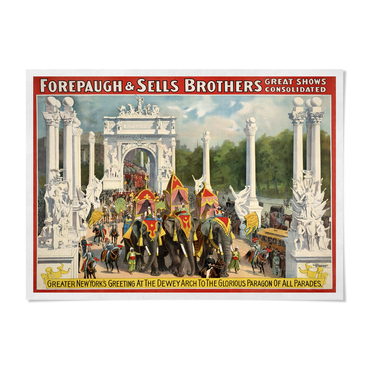 The image is a vintage poster advertising a circus event, featuring a large archway with people and elephants gathered around it.