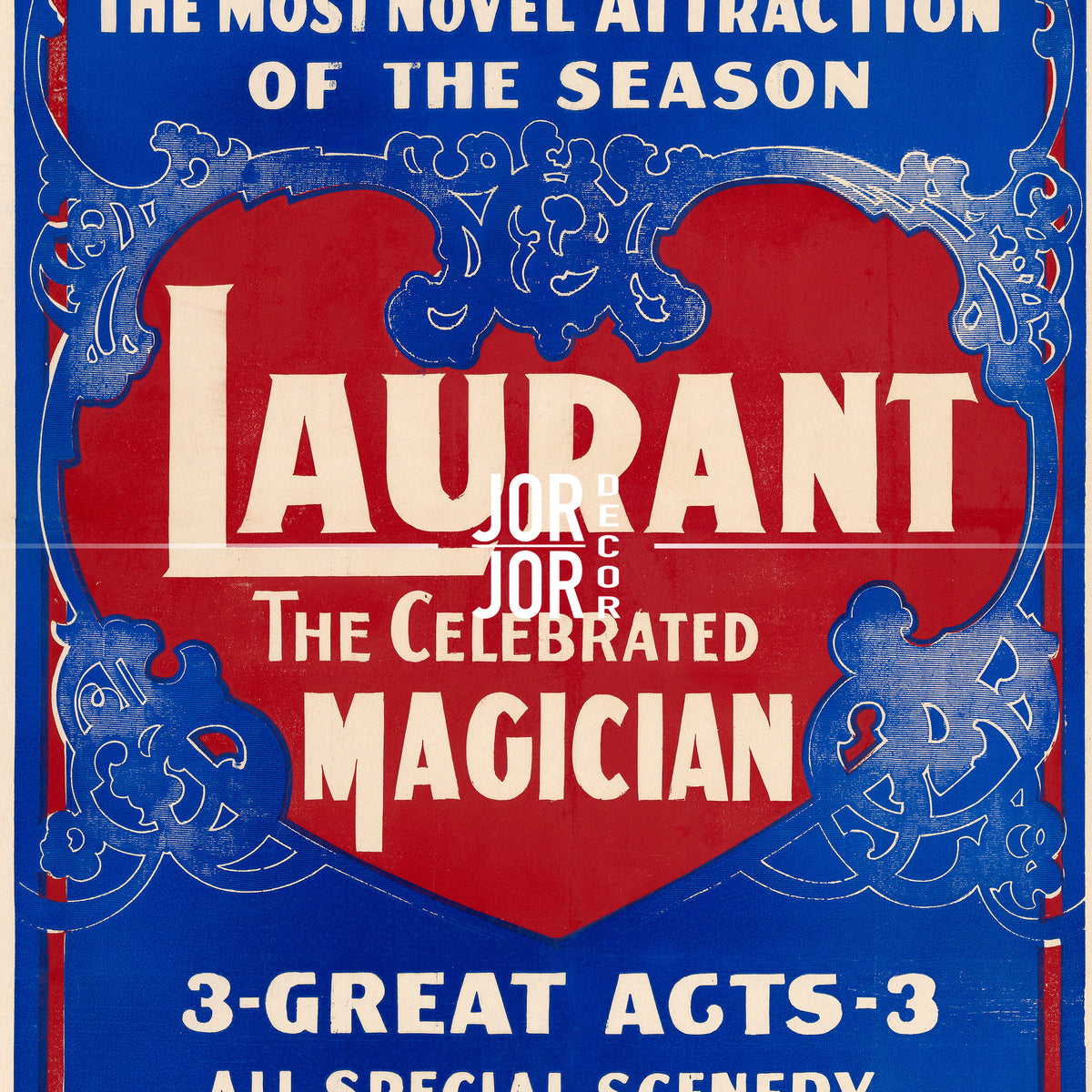 The image is a vintage poster advertising a magic show called "Laurant". The poster features a large red heart with the title "Laurant" written in white text. The poster also includes details about the show, such as the "3-GREAT ACTS-3" and the "ALL SPECIAL SCENERY".