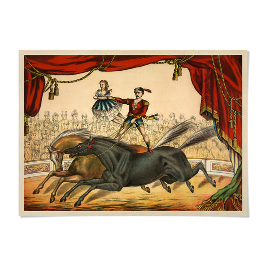 A circus performance featuring a man and a woman on horseback, with the man holding a sword and the woman holding a parasol.