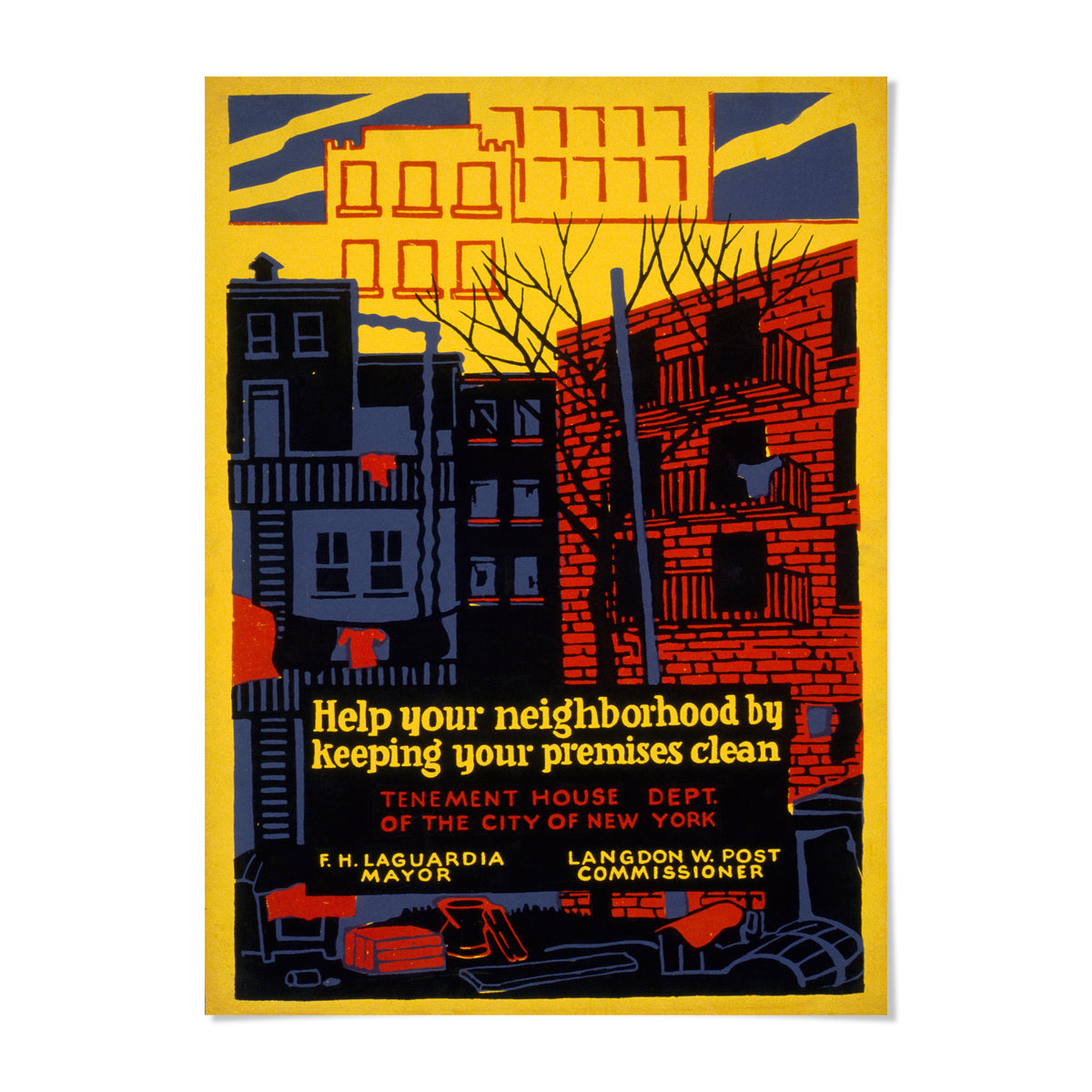 The image is a colorful poster with a stylized illustration of a cityscape, featuring buildings, trees, and other urban elements. The poster appears to be promoting a neighborhood cleanliness initiative, with the text "Help your neighborhood by keeping your premises clean" and "TENMENT HOUSE DEPT. OF THE CITY OF NEW YORK" displayed prominently.