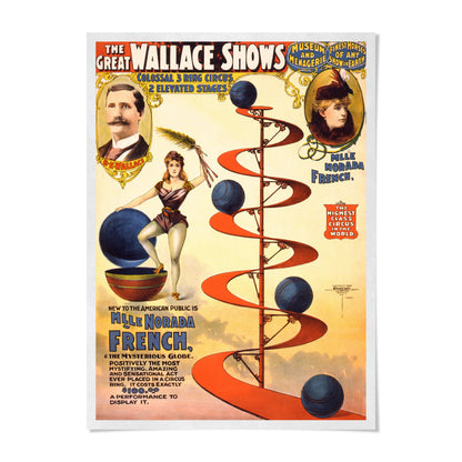 The image is a vintage poster advertising a circus show featuring a woman in a pink dress and a man in a top hat, with a large blue ball and a spiral staircase.