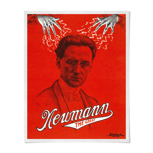 The image is a poster featuring a portrait of a man with glasses against a red background. The text "Newmann THE GREAT" is prominently displayed, and the poster includes a hand gesture above the man's head.