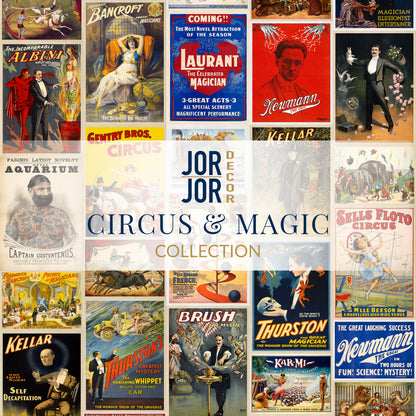 The image is a collage of various circus and magic-themed posters and advertisements, featuring a diverse range of performers, tricks, and attractions.