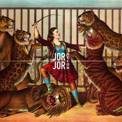 A woman in a red dress stands in a circus ring, surrounded by lions and tigers, with a sword in her hand.