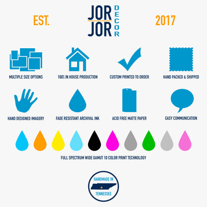 The image is a collage of various icons and text elements related to the brand "JOR Decor", including a logo, a hand-designed image, a house, a checkmark, a hand-packed and shipped item, a hand-designed image, a fade resistant archival ink, an acid free matte paper, a speech bubble, a hand-designed image, a spectrum of colors, and a full spectrum wide Gamut 10 color print technology.