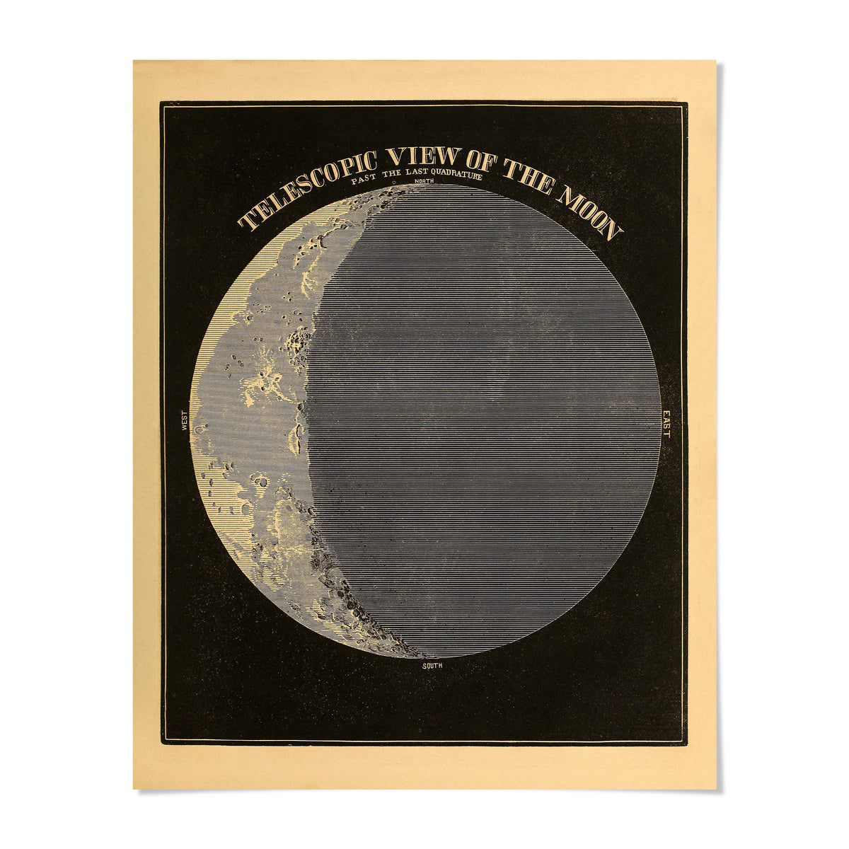 The image is a poster or illustration depicting a view of the moon, with a black background and a white, circular depiction of the moon.