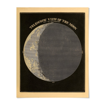 The image is a poster or illustration depicting a view of the moon, with a black background and a white, circular depiction of the moon.