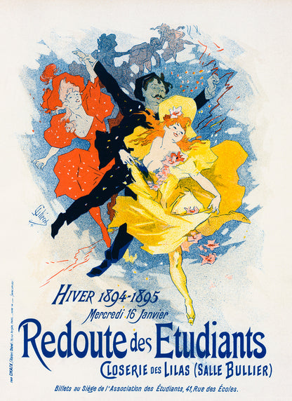 Redoute Des Etudiants French Dance Ball Advertisement Poster, Vintage Style Belle Epoque Jules Cheret Print