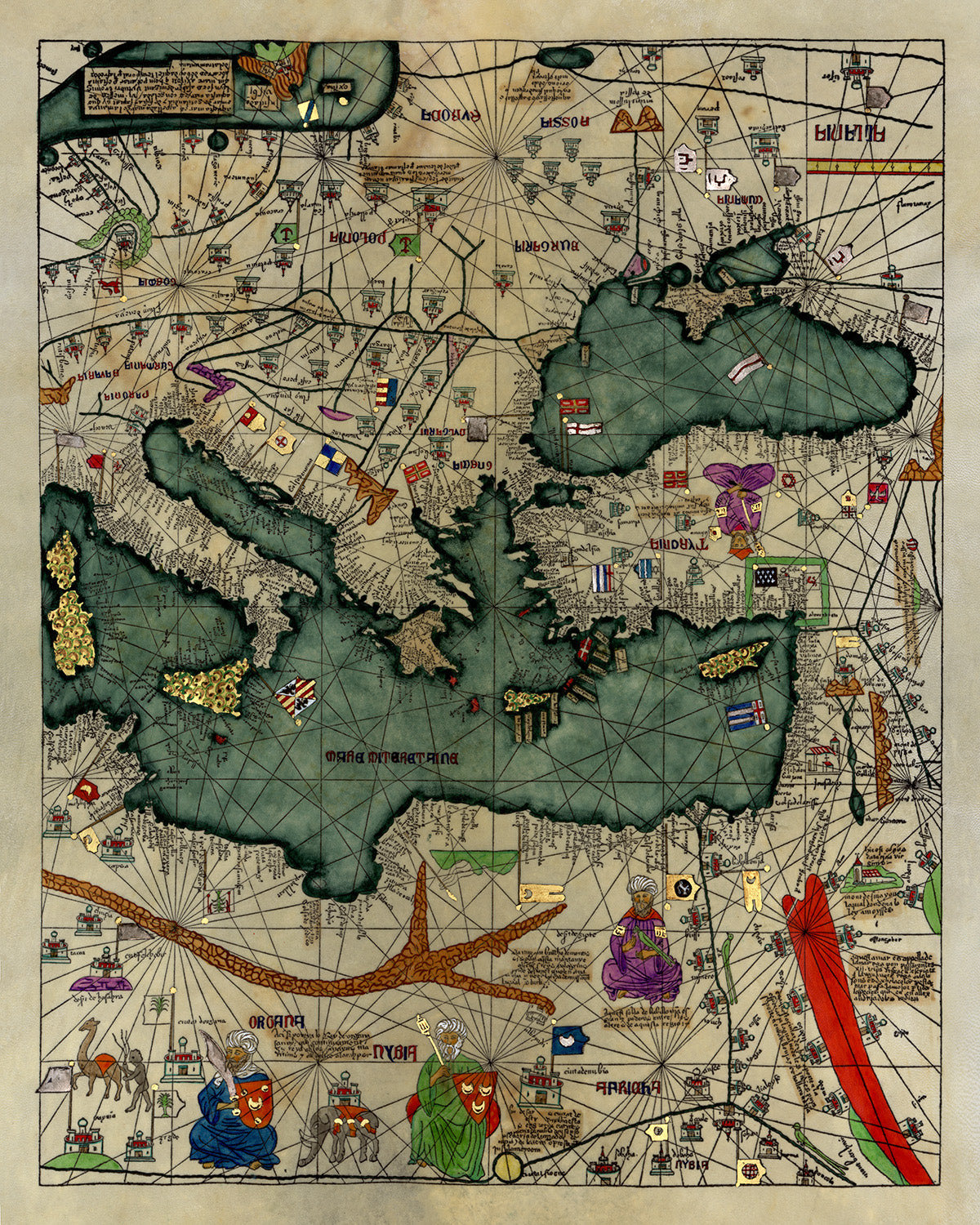 Old Catalan Atlas 1375 Europe Mediterranean Sea and Middle East - VINTAGE  MAPS AND PRINTS