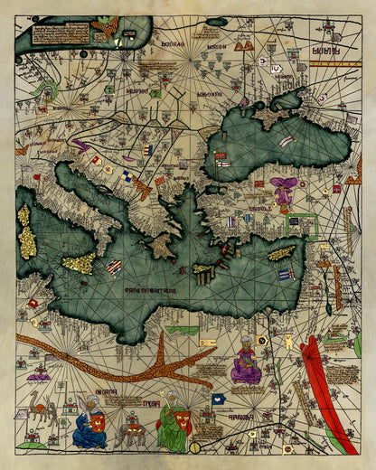 Catalan Atlas Medieval Eastern Europe Mediterranean Map Print