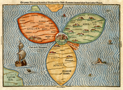 Old Cloverleaf World Map Print 1581