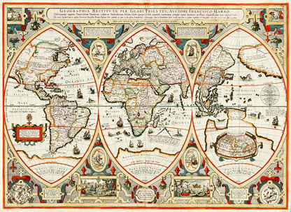 Antique Tryptic World Map Print 1618