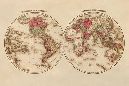 East and West Hemisphere World Map Print 1862