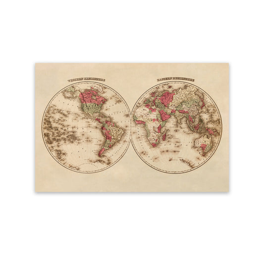 East and West Hemisphere World Map Print 1862