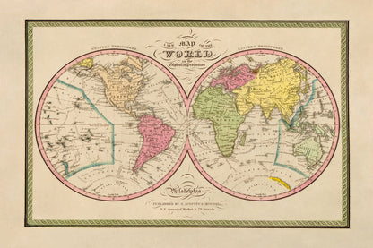 Old Globular Projection World Map Print 1849