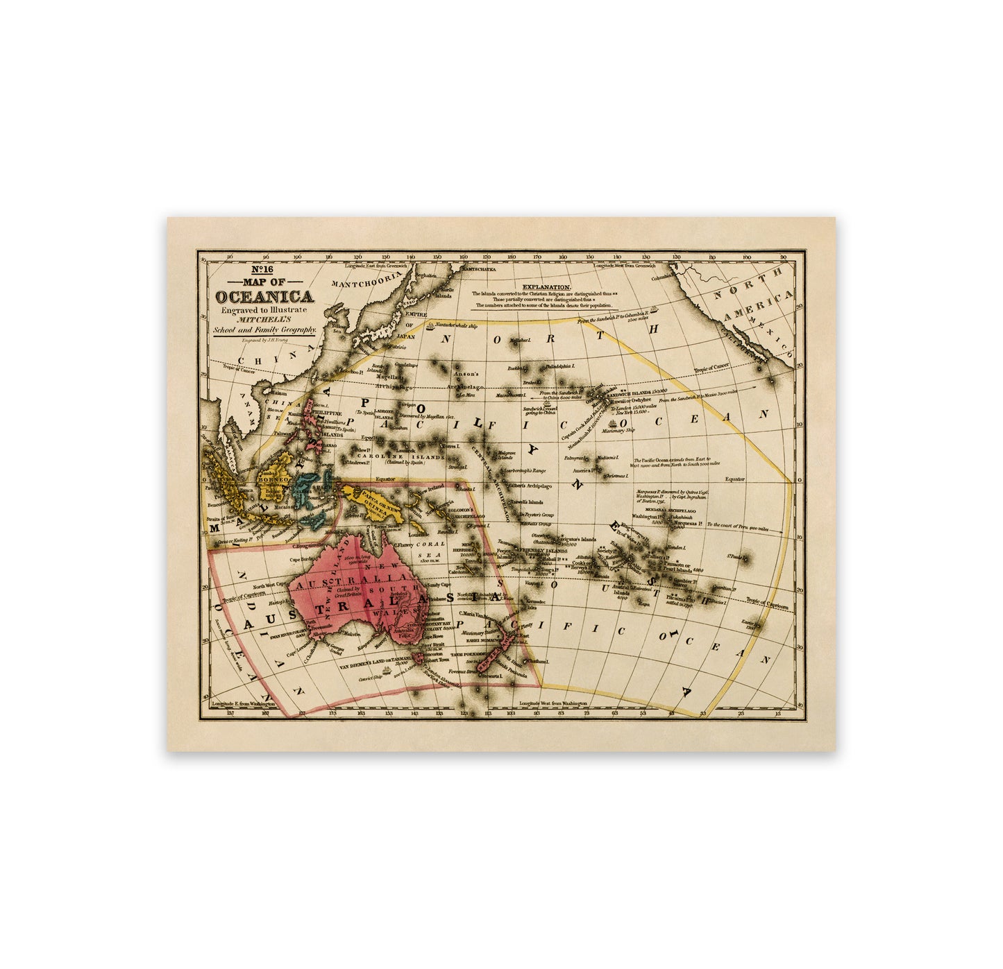 Old Map of Oceania Pacific Print 1839