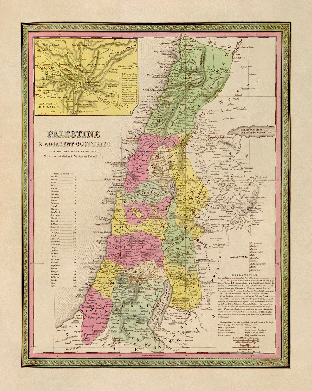 Old Map of Palestine Print 1849