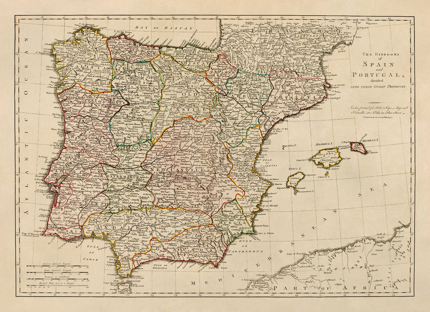 Old Map of Spain and Portugal Iberian Peninsula Print 1772