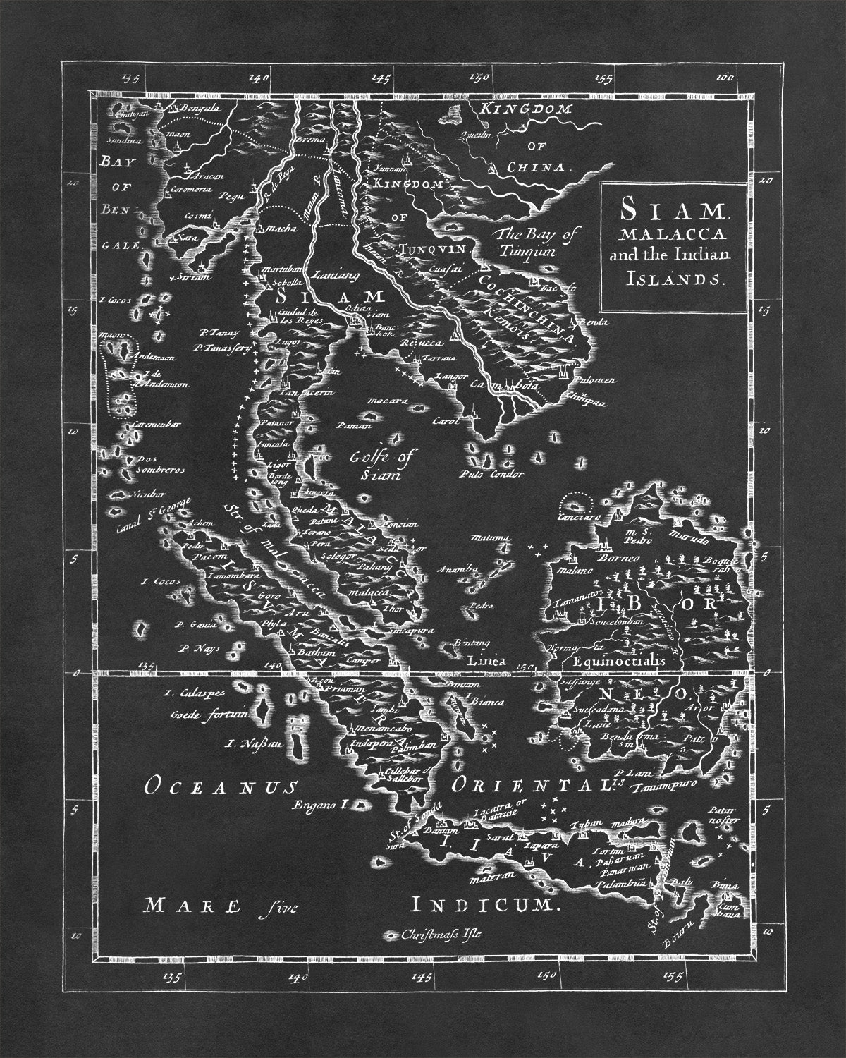 Old Map of Siam and Malaysia Print 1681