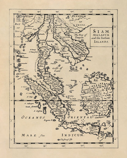 Old Map of Siam and Malaysia Print 1681