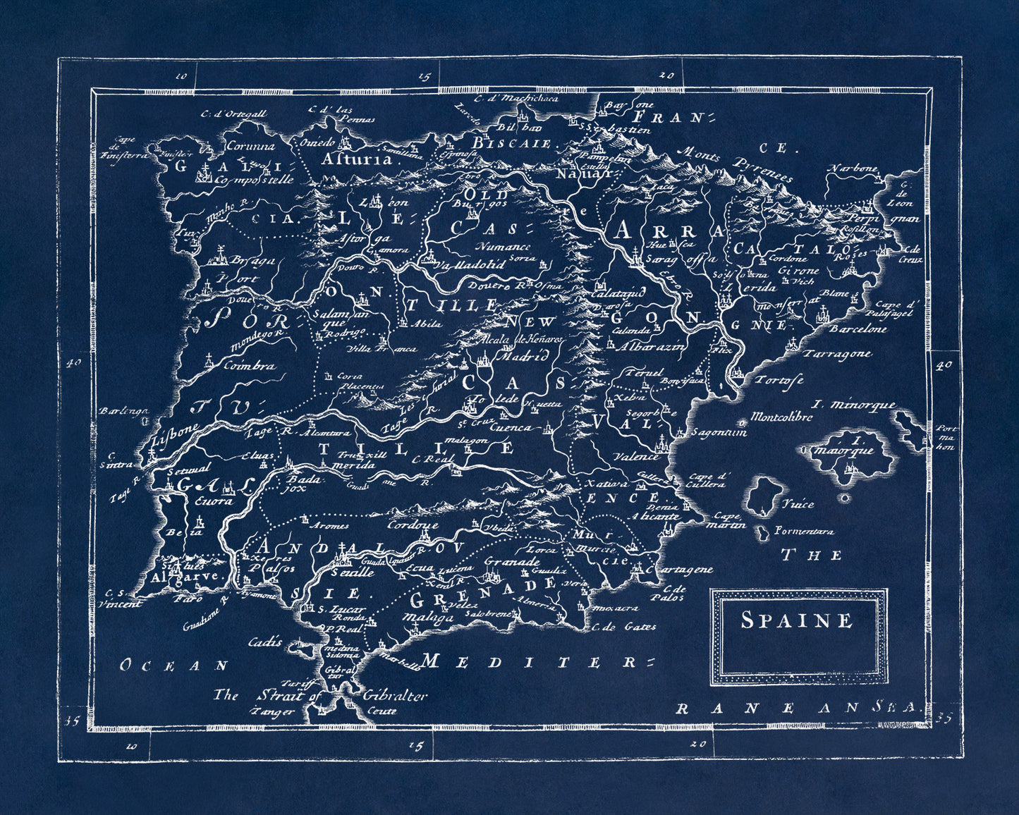 Old Map of Spain Print 1681