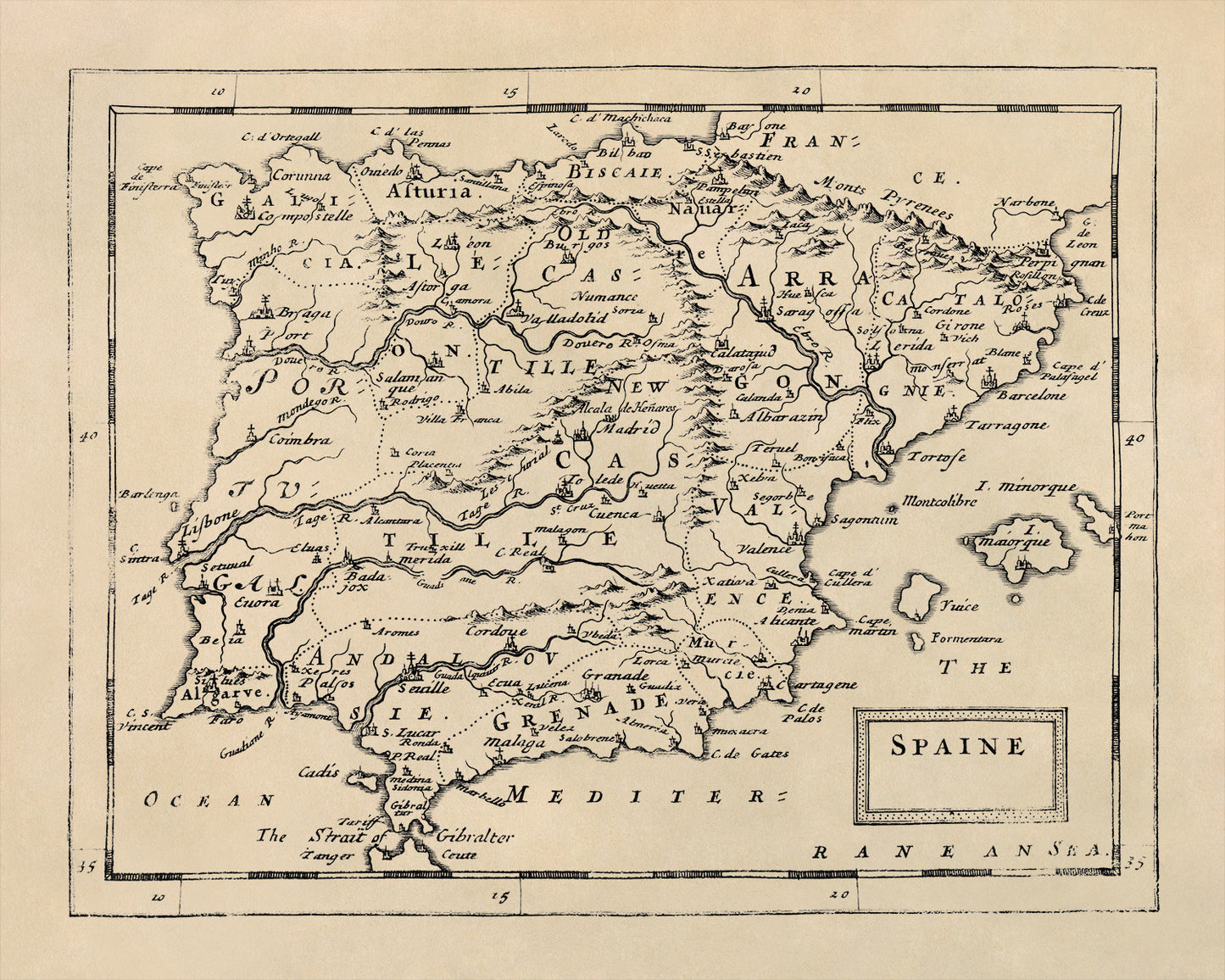 Old Map of Spain Print 1681