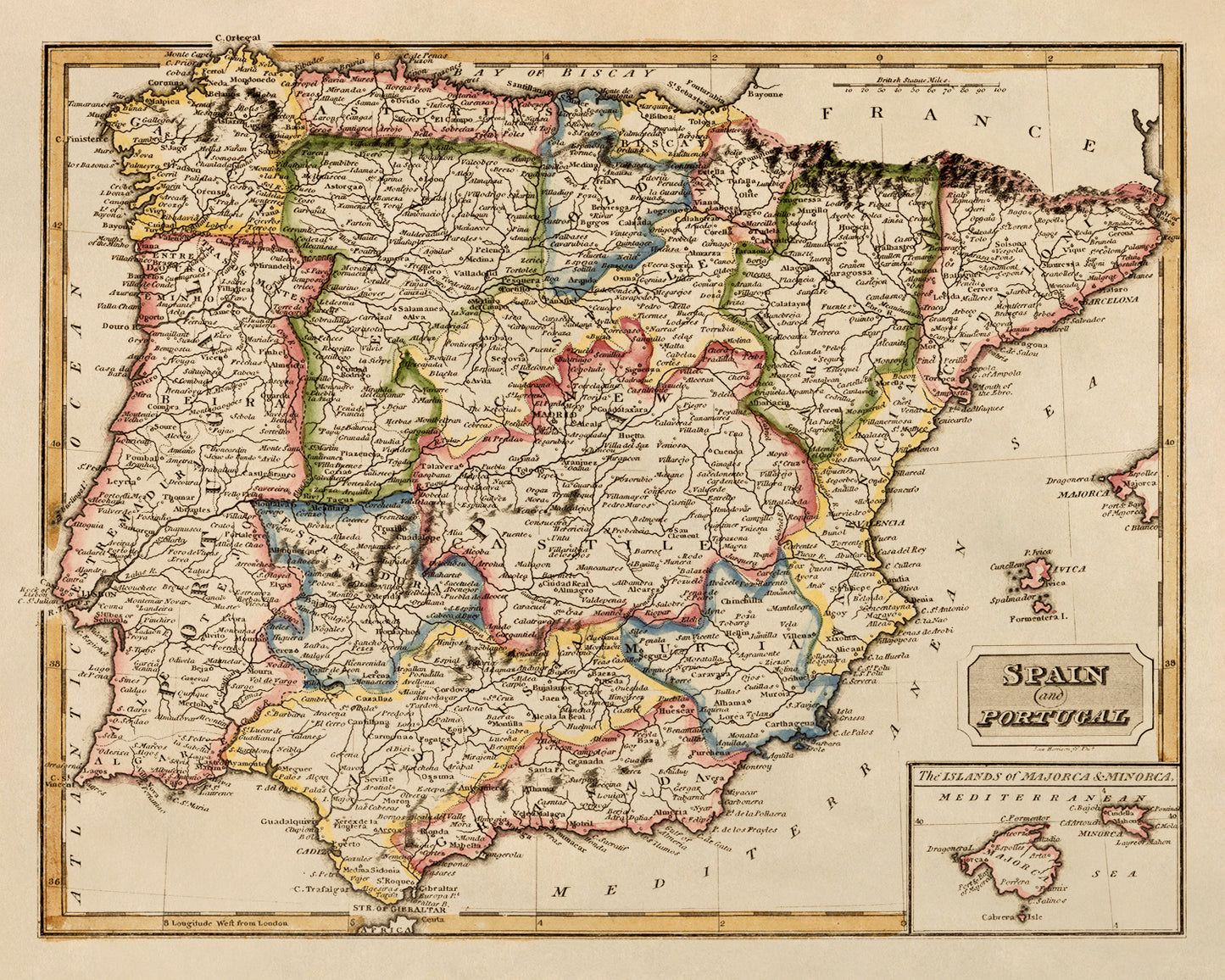 Old Map of Spain Print 1817