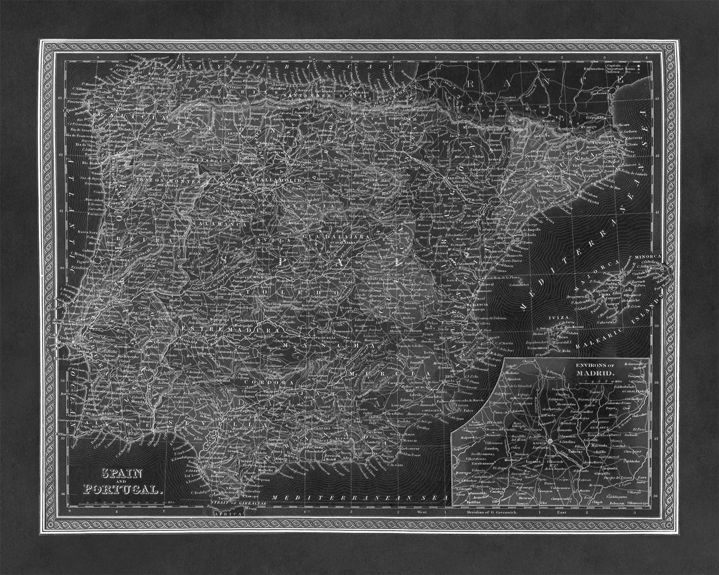 Old Map of Spain Print 1849