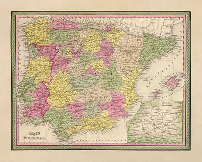 Old Map of Spain Print 1849